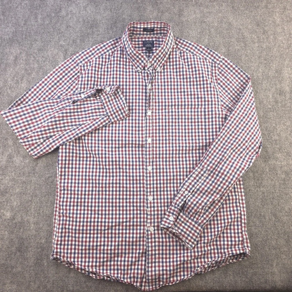 J Crew Flex Washed Shirt Large Classic Red Blue Check Long‎ Sleeve Button Down